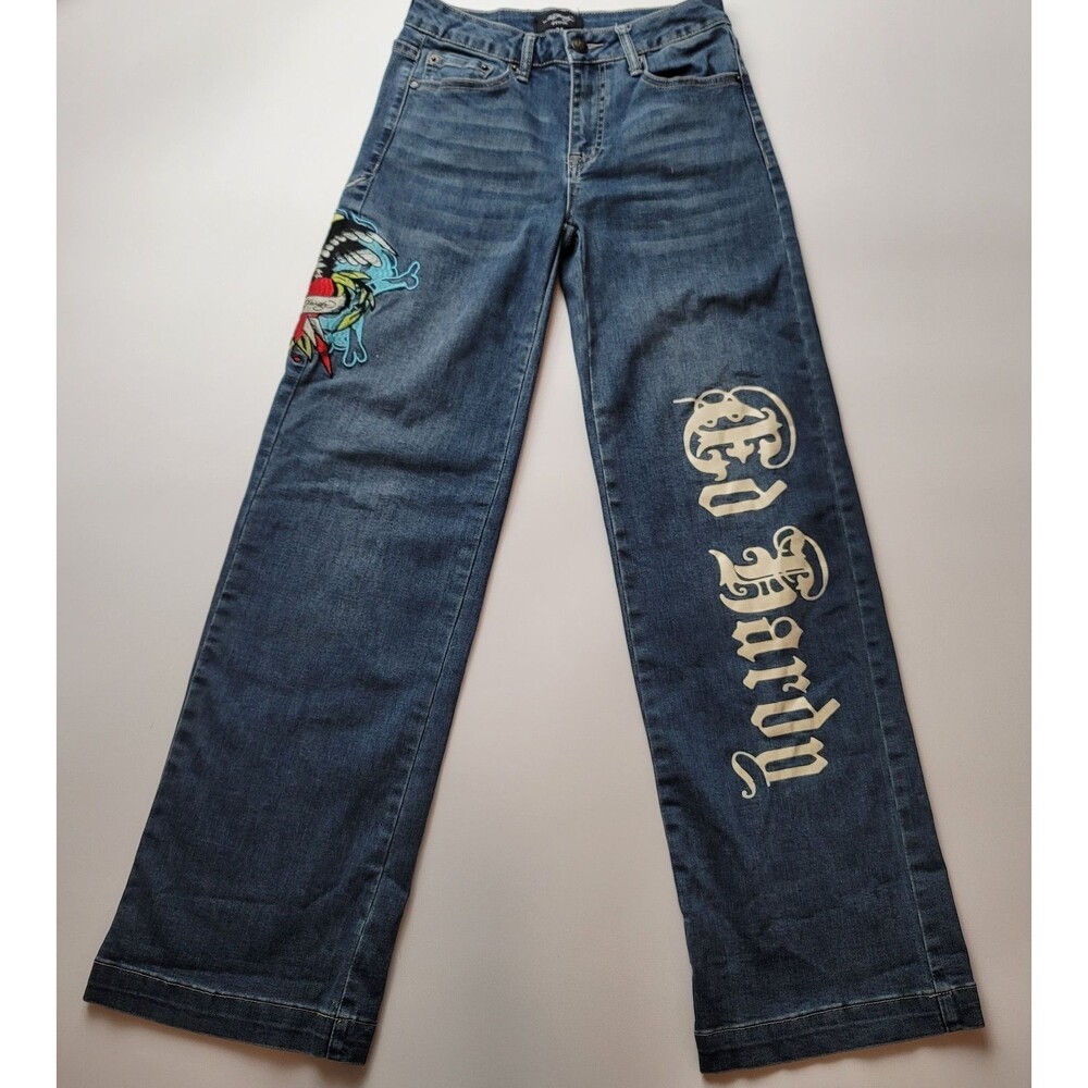 Vintage Ed Hardy Baggy Wide Leg Jeans Women Size 24 Y2K Embroidered Eagle Heart